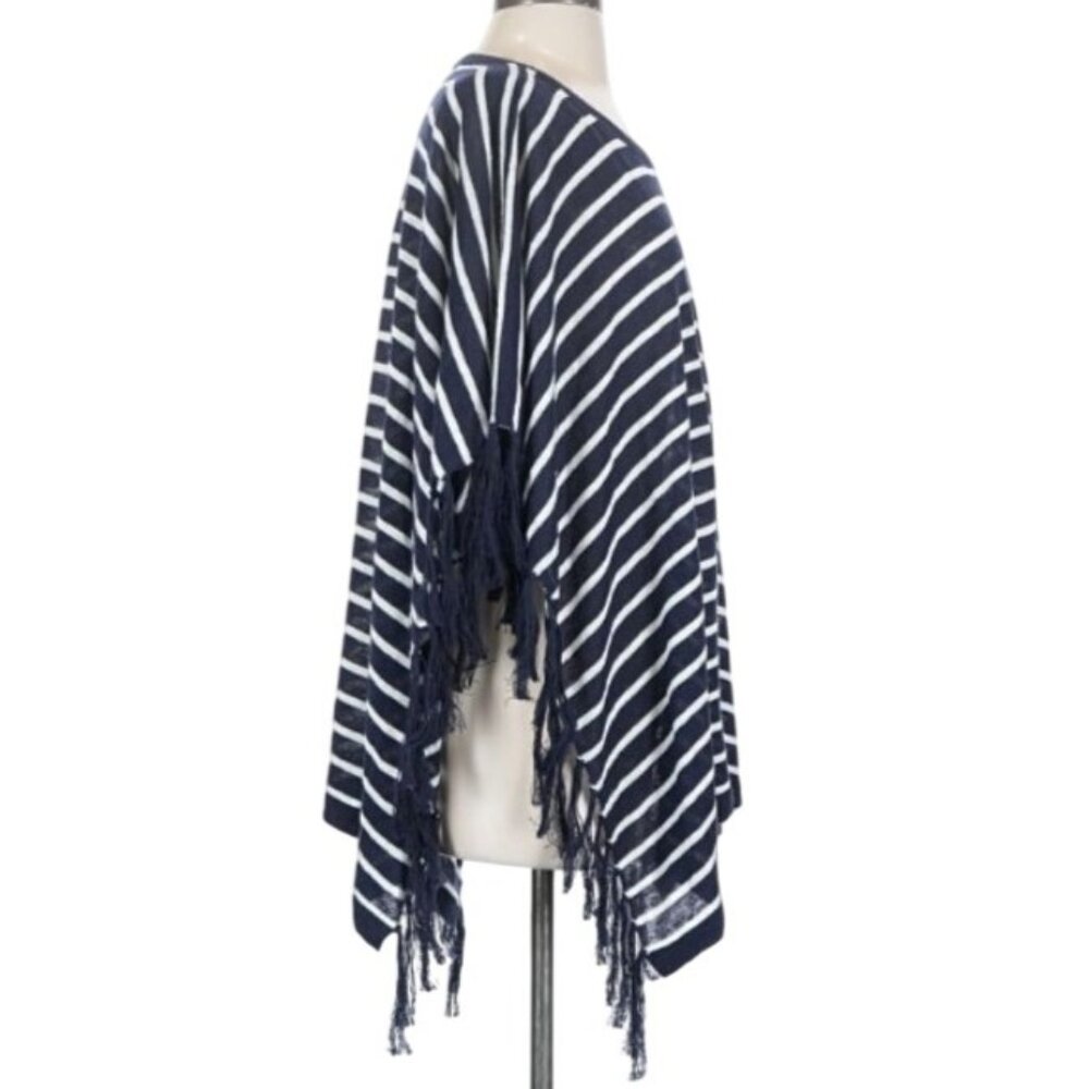 Talbots XS Blue White Striped Linen Blend Poncho Fringe Nautical Preppy Classic - Picture 4 of 8